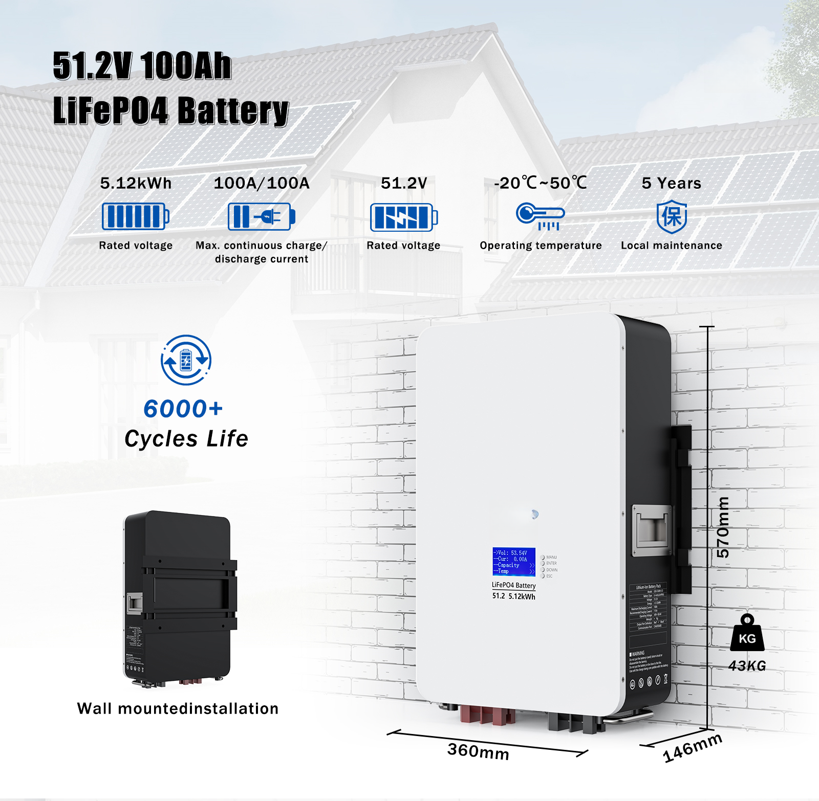 5.12KWh wall mounted energy storage battery